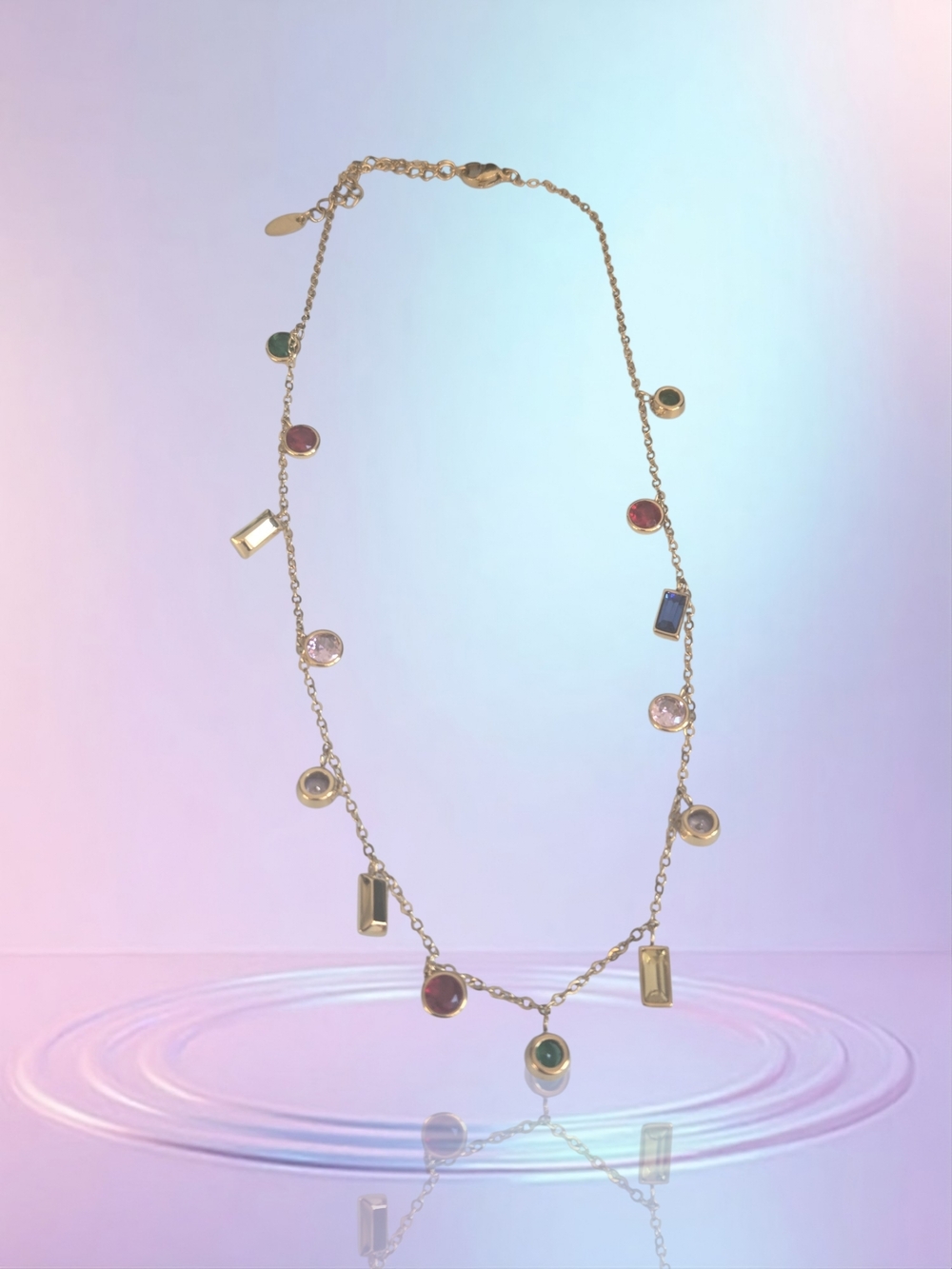 Gold Multi-Stone Station Necklace - Colorful Gem Accent